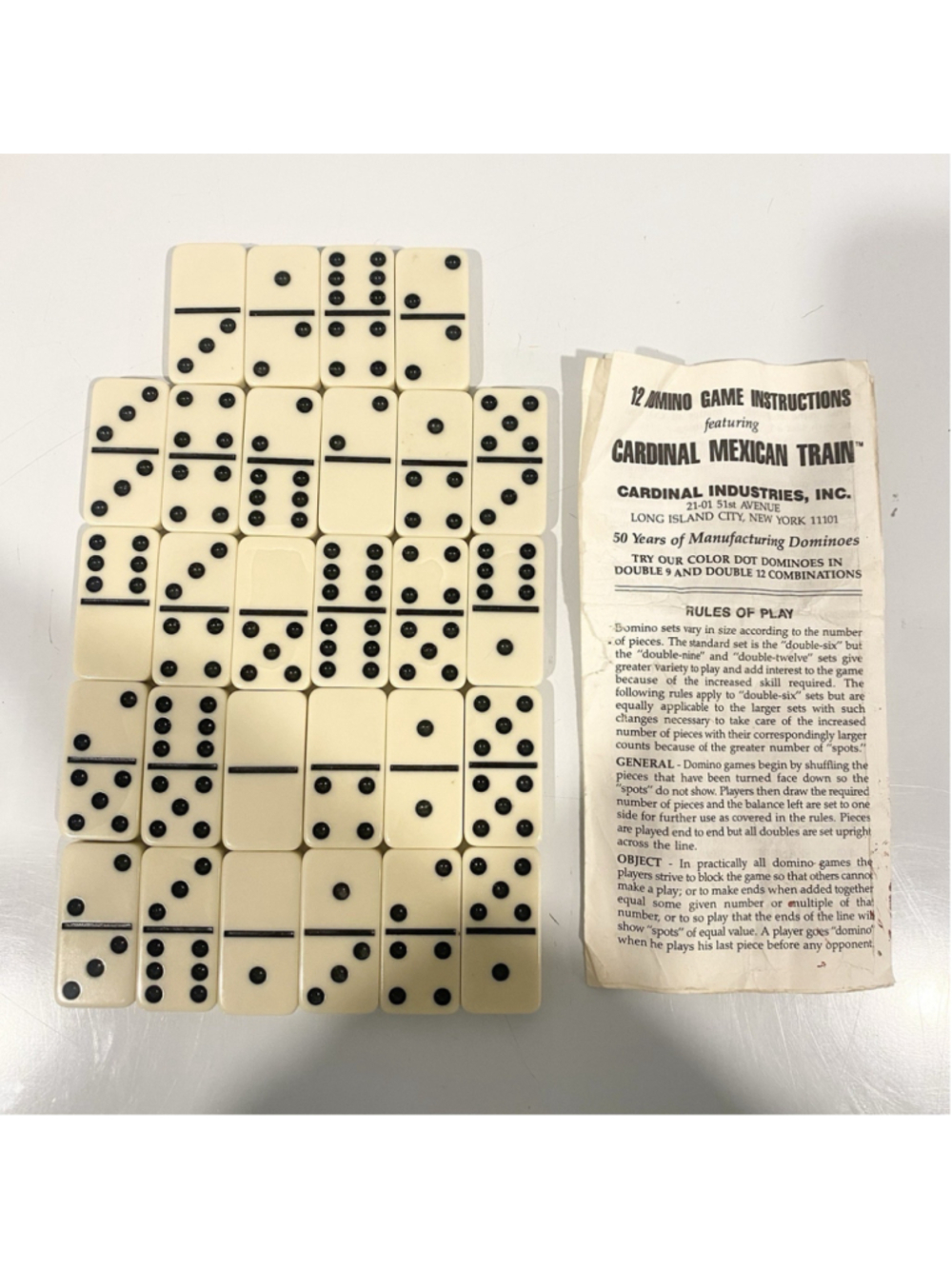 Vintage Cardinal Industries Double Six Dominoes 28 Pc Ivory Color w Instructions